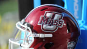 Sep 19, 2015; Foxborough, MA, USA; A Massachusetts Minutemen helmet on the sidelines during the first half against the Temple Owls at Gillette Stadium. Mandatory Credit: Bob DeChiara-USA TODAY Sports