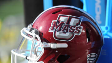 Sep 19, 2015; Foxborough, MA, USA; A Massachusetts Minutemen helmet on the sidelines during the first half against the Temple Owls at Gillette Stadium. Mandatory Credit: Bob DeChiara-USA TODAY Sports