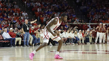Feb 26, 2025; Norman, Oklahoma, USA; Oklahoma Sooners guard Duke Miles (15) reacts after a play against the Kentucky Wildcats during the first half at Lloyd Noble Center. Mandatory Credit: Alonzo Adams-Imagn Images