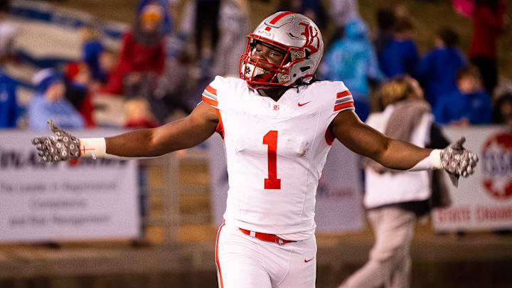 Baylor's Shekai Mills-Knight (1) celebrates his touchdown during the TSSAA BlueCross Bowl Division II-AAA championship game at Finley Stadium in Chattanooga, Tenn. on Thursday, Nov 30, 2023.
