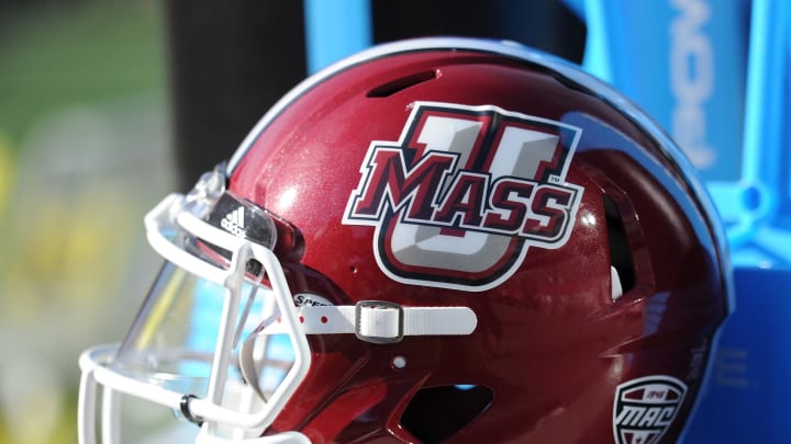 Sep 19, 2015; Foxborough, MA, USA; A Massachusetts Minutemen helmet on the sidelines during the first half against the Temple Owls at Gillette Stadium. Mandatory Credit: Bob DeChiara-USA TODAY Sports