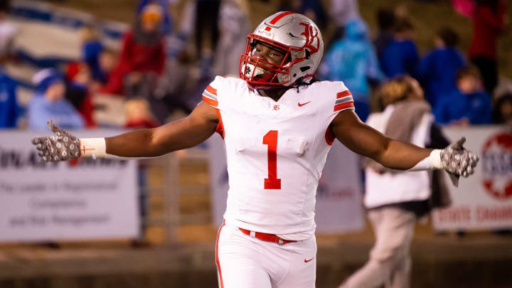 Baylor's Shekai Mills-Knight (1) celebrates his touchdown during the TSSAA BlueCross Bowl Division II-AAA championship game at Finley Stadium in Chattanooga, Tenn. on Thursday, Nov 30, 2023.