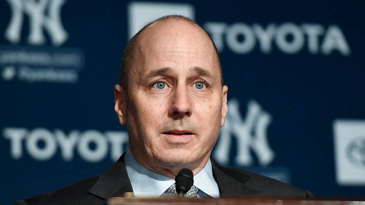 Dec 18, 2019; Bronx, NY, USA; New York Yankees general manager Brian Cashman speaks during a press conference announcing the signing of pitcher Gerrit Cole (not pictured) at Legends Club at Yankee Stadium. Mandatory Credit: Danielle Parhizkaran-USA TODAY Sports