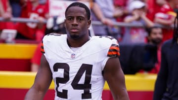 Aug 26, 2023; Kansas City, Missouri, USA; Cleveland Browns running back Nick Chubb (24) runs onto the field against the Kansas City Chiefs prior to a game at GEHA Field at Arrowhead Stadium. Mandatory Credit: Denny Medley-USA TODAY Sports