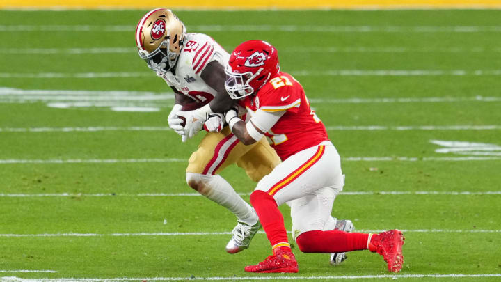 Feb 11, 2024; Paradise, NV; San Francisco 49ers wide receiver Deebo Samuel (19) gets away from Kansas City Chiefs safety Mike Edwards (21) in the first half in Super Bowl LVIII at Allegiant Stadium. 