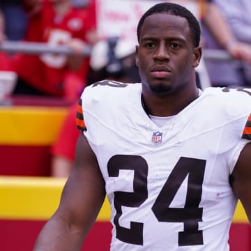 Aug 26, 2023; Kansas City, Missouri, USA; Cleveland Browns running back Nick Chubb (24) runs onto the field against the Kansas City Chiefs prior to a game at GEHA Field at Arrowhead Stadium. Mandatory Credit: Denny Medley-USA TODAY Sports