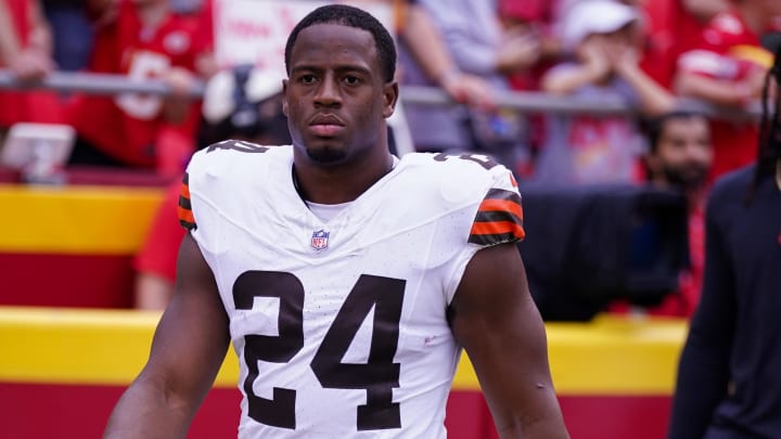 Aug 26, 2023; Kansas City, Missouri, USA; Cleveland Browns running back Nick Chubb (24) runs onto the field against the Kansas City Chiefs prior to a game at GEHA Field at Arrowhead Stadium. Mandatory Credit: Denny Medley-USA TODAY Sports