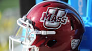 Sep 19, 2015; Foxborough, MA, USA; A Massachusetts Minutemen helmet on the sidelines during the first half against the Temple Owls at Gillette Stadium. Mandatory Credit: Bob DeChiara-Imagn Images