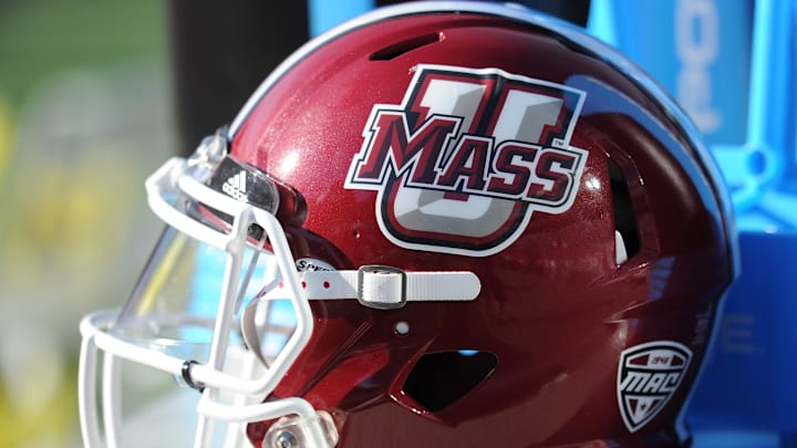 Sep 19, 2015; Foxborough, MA, USA; A Massachusetts Minutemen helmet on the sidelines during the first half against the Temple Owls at Gillette Stadium. Mandatory Credit: Bob DeChiara-Imagn Images