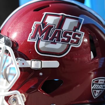 Sep 19, 2015; Foxborough, MA, USA; A Massachusetts Minutemen helmet on the sidelines during the first half against the Temple Owls at Gillette Stadium. Mandatory Credit: Bob DeChiara-Imagn Images
