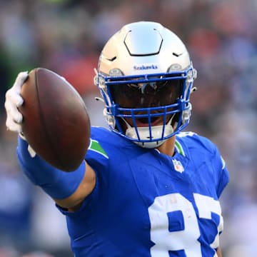 Oct 29, 2023; Seattle, Washington, USA; Seattle Seahawks tight end Noah Fant (87) celebrates getting a first down against the Cleveland Browns at Lumen Field. Mandatory Credit: Steven Bisig-Imagn Images