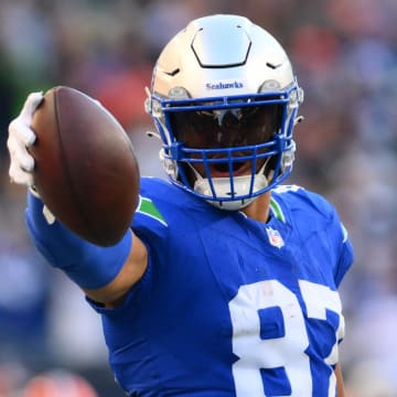 Oct 29, 2023; Seattle, Washington, USA; Seattle Seahawks tight end Noah Fant (87) celebrates getting a first down against the Cleveland Browns at Lumen Field.