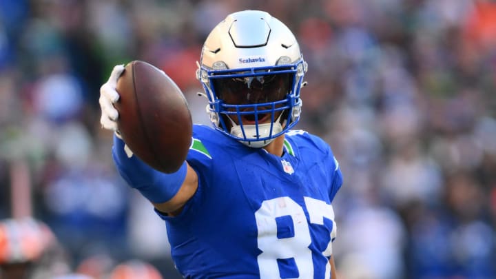 Oct 29, 2023; Seattle, Washington, USA; Seattle Seahawks tight end Noah Fant (87) celebrates getting a first down against the Cleveland Browns at Lumen Field.