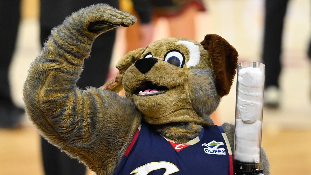 May 25, 2026; Cleveland, Ohio, USA; Cleveland Cavaliers mascot Moondog reacts in the second quarter against the New York Knicks during game four of the eastern conference finals for the 2026 NBA playoffs at Rocket Arena. Mandatory Credit: David Richard-Imagn Images