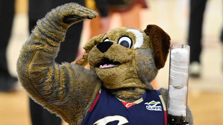 May 25, 2026; Cleveland, Ohio, USA; Cleveland Cavaliers mascot Moondog reacts in the second quarter against the New York Knicks during game four of the eastern conference finals for the 2026 NBA playoffs at Rocket Arena. Mandatory Credit: David Richard-Imagn Images