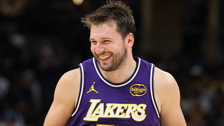 INDIANAPOLIS, INDIANA - MARCH 25: Luka Doncic #77 of the Los Angeles Lakers celebrates after a basket. (Photo by Andy Lyons/Getty Images)