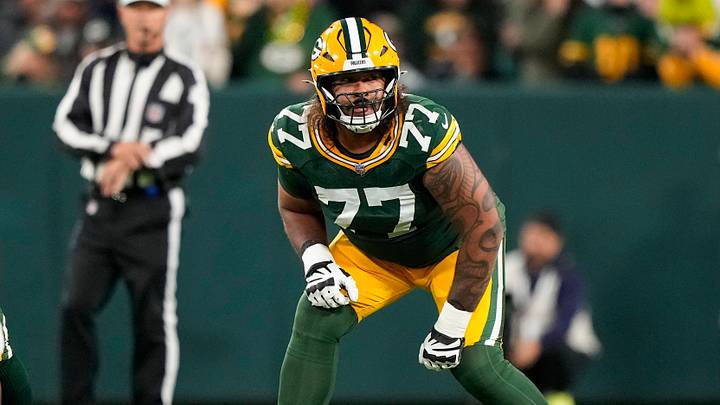 Oct 18, 2026; Green Bay, Wisconsin, USA;  Green Bay Packers offensive linenam Jordan Morgan (77) during the game against the Dallas Cowboys at Lambeau Field. Mandatory Credit: Jeff Hanisch-Imagn Images