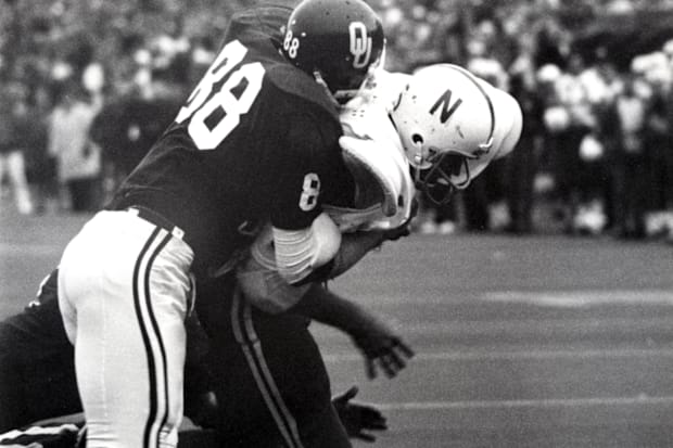 Nebraska's Jeff Kinney carries the ball for the winning touchdown against Oklahoma in 1971. It was his fourth TD of the game.