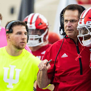 Indiana Hoosiers head coach Curt Cignetti talks with Indiana Hoosiers wide receiver Andison Coby (0)  in the first quarter against the Western Illinois Leathernecks at Memorial Stadium.