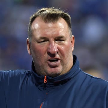 Aug 29, 2024; Champaign, Illinois, USA;  Illinois Fighting Illini head coach Bret Bielema on the sidelines during the first half at Memorial Stadium. Mandatory Credit: Ron Johnson-USA TODAY Sports