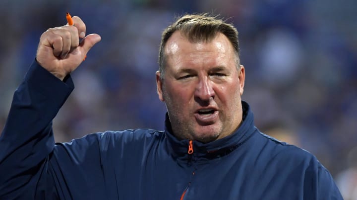 Aug 29, 2024; Champaign, Illinois, USA;  Illinois Fighting Illini head coach Bret Bielema on the sidelines during the first half at Memorial Stadium. Mandatory Credit: Ron Johnson-USA TODAY Sports