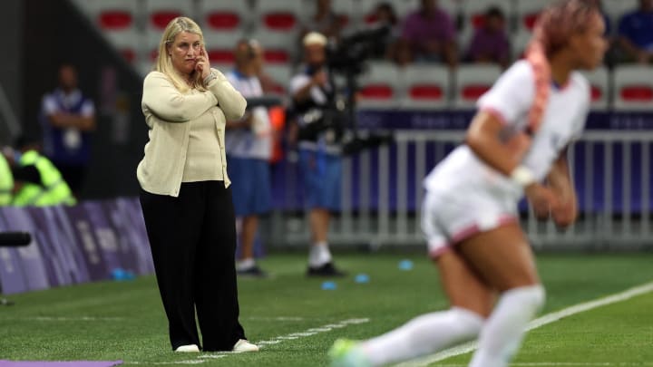 Jul 25, 2024; Nice, France;  United States coach Emma Hayes on the sideline against Zambia in a women's Group B match during the Paris 2024 Olympic Summer Games at Allianz Riviera. Mandatory Credit: Raquel Cunha/Reuters via USA TODAY Sports