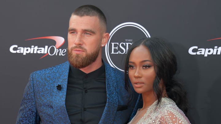 Jul 18, 2018; Los Angeles, CA, USA; Kansas City Chiefs tight end Travis Kelce and Kayla Nicole arrive for the 2018 ESPYS at Microsoft Theatre. 