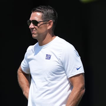 Jul 26, 2024; East Rutherford, NJ, USA; New York Giants general manager Joe Schoen looks on during training camp at Quest Diagnostics Training Center.  