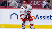 Apr 17, 2025; Ottawa, Ontario, CAN; Carolina Hurricanes center Jack Roslovic (96) skates with the puck in the second period against the Ottawa Senators at the Canadian Tire Centre. Mandatory Credit: Marc DesRosiers-Imagn Images