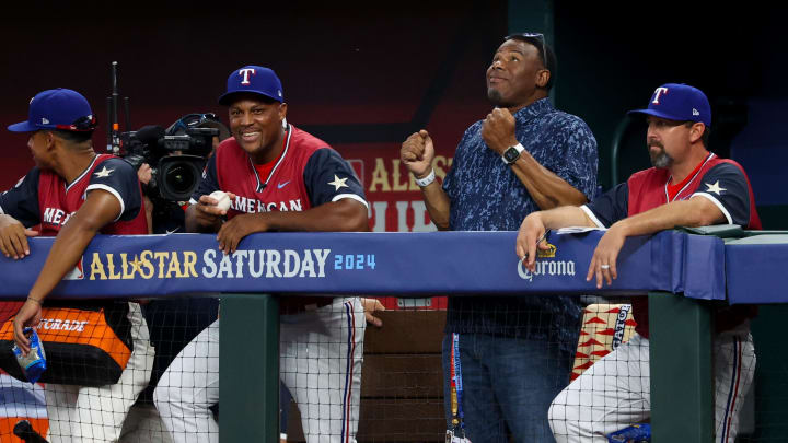 Jul 13, 2024; Arlington, TX, USA;  American League Future team manager Adrian Beltre laughs with former MLB player Ken Griffey Jr. during the game against the National League Future team during the Major league All-Star Futures game at Globe Life Field.  Mandatory Credit: Kevin Jairaj-USA TODAY Sports