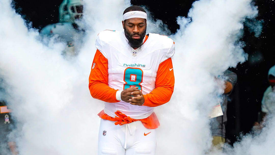 Nov 9, 2025; Miami Gardens, Florida, USA; Miami Dolphins outside linebacker Matthew Judon (8) runs on the field before a game against the Buffalo Bills at Hard Rock Stadium. Mandatory Credit: Jeff Romance-Imagn Images