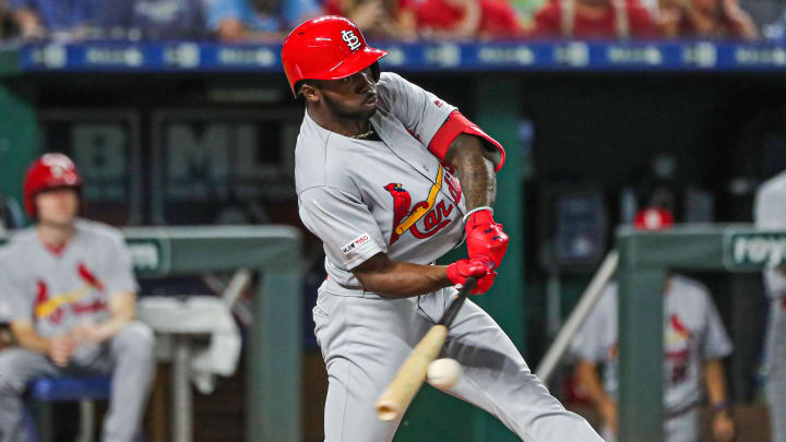 Aug 14, 2019; Kansas City, MO, USA; St. Louis Cardinals center fielder Randy Arozarena (66) hits an RBI single for his first MLB hit during the seventh inning against the Kansas City Royals at Kauffman Stadium. Mandatory Credit: Jay Biggerstaff-USA TODAY Sports