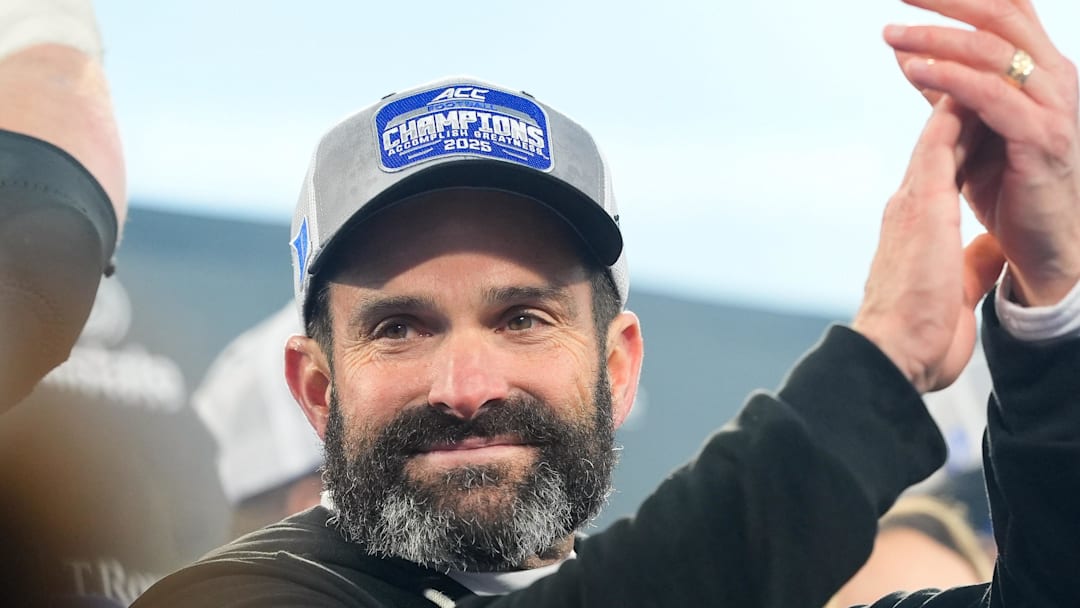 Dec 6, 2025; Charlotte, NC, USA; Duke Blue Devils head coach Manny Diaz celebrates defeating the Virginia Cavaliers during the 2025 ACC Championship game at Bank of America Stadium. Mandatory Credit: Jim Dedmon-Imagn Images