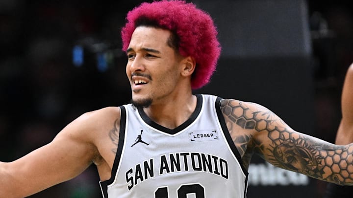 Jan 10, 2026; Boston, Massachusetts, USA; San Antonio Spurs forward Jeremy Sochan (10) reacts after being called for a foul during the first half of a game against the Boston Celtics at the TD Garden. Mandatory Credit: Brian Fluharty-Imagn Images