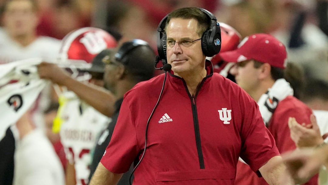 Indiana Hoosiers head coach Curt Cignetti walks the sideline Sunday, Dec. 7, 2025, during the Big Ten football championship against the Ohio State Buckeyes at Lucas Oil Stadium in Indianapolis.