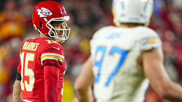 Dec 8, 2024; Kansas City, Missouri, USA; Kansas City Chiefs quarterback Patrick Mahomes (15) reacts after a first down during the second half against the Los Angeles Chargers at GEHA Field at Arrowhead Stadium.