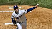 May 31, 2025; Arlington, Texas, USA; Texas Rangers starting pitcher Patrick Corbin (46) pitches against the St. Louis Cardinals during the first inning at Globe Life Field. 