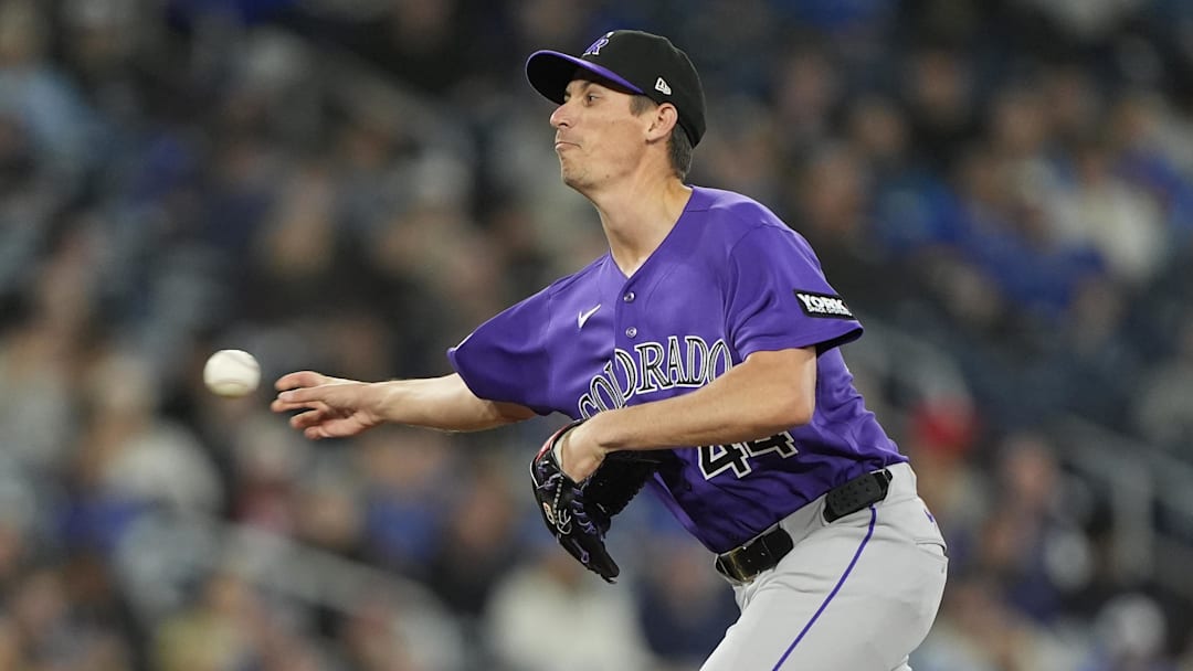Apr 1, 2026; Toronto, Ontario, CAN; Colorado Rockies pitcher Jimmy Herget (44) pitches to the Toronto Blue Jays during the tenth inning at Rogers Centre. Mandatory Credit: John E. Sokolowski-Imagn Images Apr 1, 2026; Toronto, Ontario, CAN; Colorado Rockies pitcher Jimmy Herget (44) pitches to the Toronto Blue Jays during the tenth inning at Rogers Centre. Mandatory Credit: John E. Sokolowski-Imagn Images