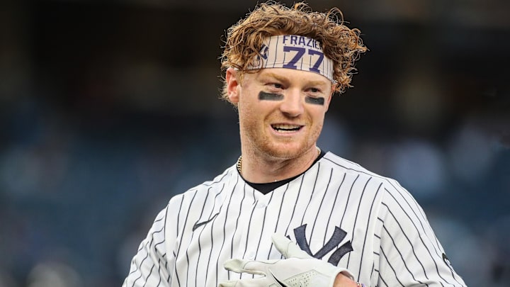 May 25, 2021; Bronx, New York, USA;  New York Yankees right fielder Clint Frazier (77) at Yankee Stadium. Mandatory Credit: Wendell Cruz-Imagn Images