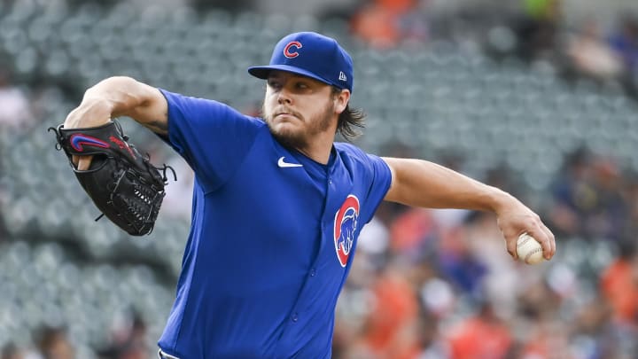 Chicago Cubs pitcher Justin Steele (35) throws a first inning pitch against the Baltimore Orioles at Oriole Park at Camden Yards on June 11.