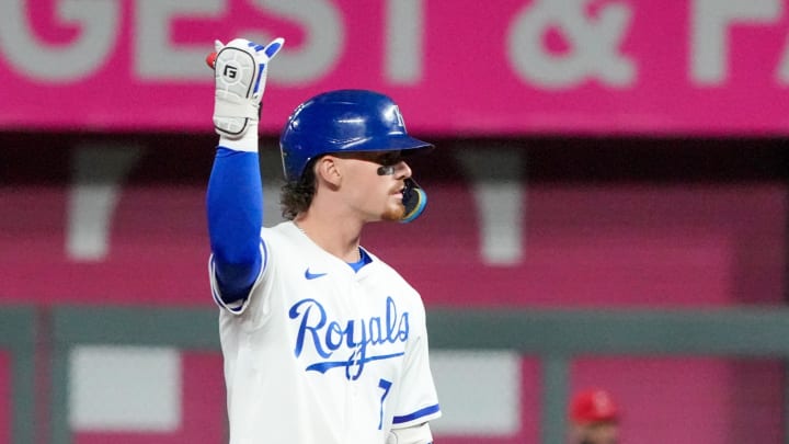 Kansas City Royals shortstop Bobby Witt Jr. (7) celebrates on second after hitting a one-run double against the Los Angeles Angels in the seventh inning at Kauffman Stadium on Aug 20.