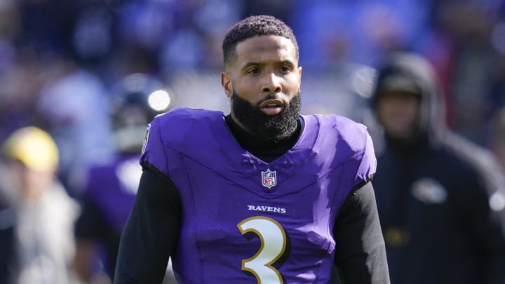 Nov 12, 2023; Baltimore, Maryland, USA;  Baltimore Ravens wide receiver Odell Beckham Jr. (3) looks on before a game against the Cleveland Browns at M&T Bank Stadium. Mandatory Credit: Jessica Rapfogel-USA TODAY Sports