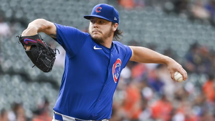 Jul 11, 2024; Baltimore, Maryland, USA;  Chicago Cubs pitcher Justin Steele (35) throws a first inning pitch against the Baltimore Orioles at Oriole Park at Camden Yards.