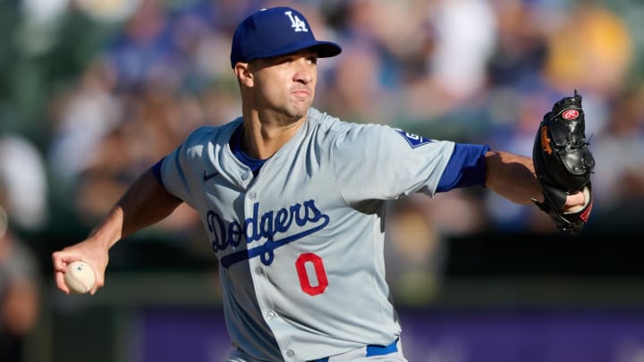 Aug 3, 2024; Oakland, California, USA; Los Angeles Dodgers starting pitcher Jack Flaherty (0) against the Oakland Athletics during the first inning at Oakland-Alameda County Coliseum.