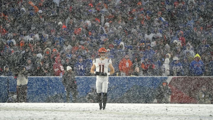 Jan 22, 2023; Orchard Park, New York, USA; Cincinnati Bengals wide receiver Trent Taylor (11) looks