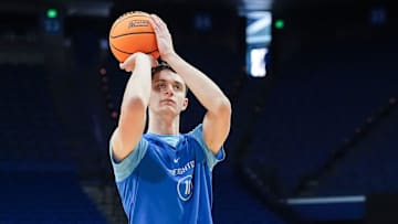 Creighton Bluejays center Ryan Kalkbrenner (11) shot free throws for the majority of practice Wednesday before the game against Louisville at the 2025 NCAA men's basketball tournament In Lexington, Kentucky March 19, 2025.