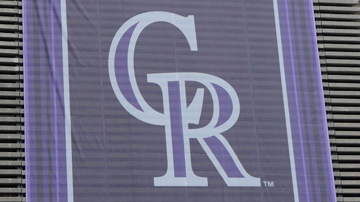 Apr 26, 2024; Mexico City, Mexico;  A banner with the Colorado Rockies logo at Estadio Alfredo Harp Helu. 