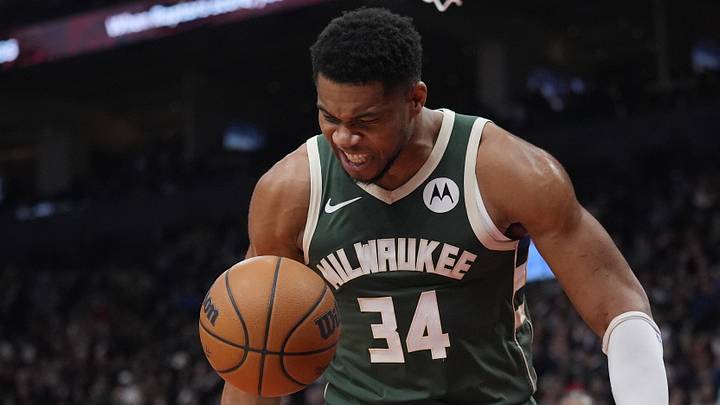 Nov 4, 2025; Toronto, Ontario, CAN; Milwaukee Bucks forward Giannis Antetokounmpo (34) reacts after making a basket against the Toronto Raptors during the first half at Scotiabank Arena. Mandatory Credit: John E. Sokolowski-Imagn Images