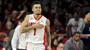 Mar 3, 2016; Tucson, AZ, USA; Arizona Wildcats guard Gabe York (1) celebrates after scoring against the California Golden Bears during the second half at McKale Center. Arizona won 64-61. Mandatory Credit: Casey Sapio-Imagn Images