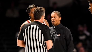 Jan 15, 2025; Nashville, Tennessee, USA;  South Carolina Gamecocks head coach Lamont Paris talks with the referee against the Vanderbilt Commodores during the first half at Memorial Gymnasium. Mandatory Credit: Steve Roberts-Imagn Images